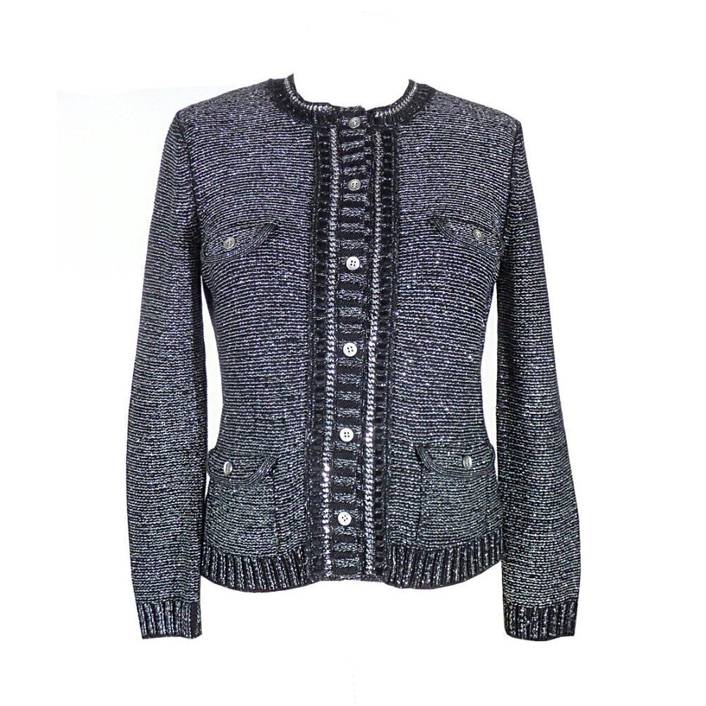 Hanae Mori Knit Cardigan Sweater Black Medium fall winter preppy vintage classic